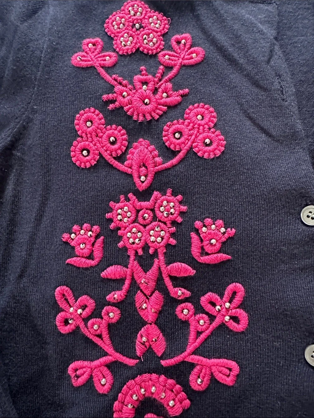 J. Crew Navy Cardigan with Bright Pink Embroidery